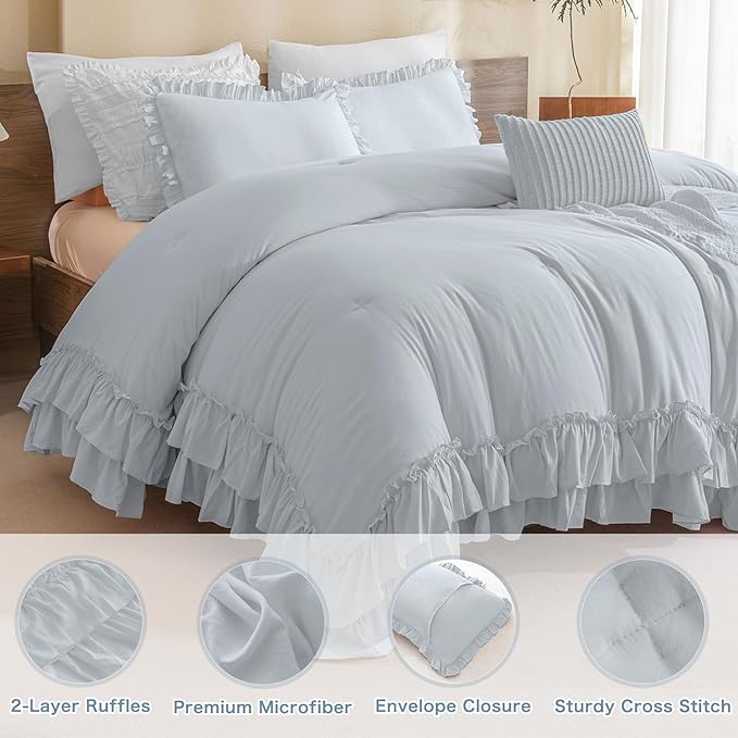 Ruffled Comforter Set for Queen Bed,3 Pieces Vintage Farmhouse Shabby Bedding Set Lightweight Ultra Soft French Country Bedding (1 Cornflower Blue Comforter +2 Pillowcases) - LeafyLoom