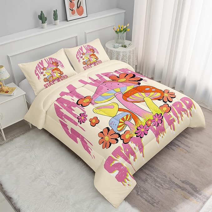 Axolotl Cartoon Mushroom Comforter Set Twin,Colorful Mushrooms Bedding Girls Bedding Set,Floral Comforter Set Red Pink Flower,Cute Mushroom Bedding Set for Kids Boys Girls Teens,1 Quilt 2 Pillowcases - LeafyLoom