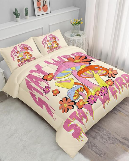 Axolotl Cartoon Mushroom Comforter Set Queen,Colorful Mushrooms Bedding Girls Bedding Set,Floral Comforter Set Red Pink Flower,Cute Mushroom Bedding Set For Kids Boys Girls Teens,1 Quilt 2 Pillowcases - LeafyLoom