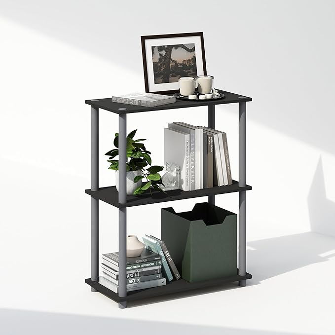 Furinno Turn-N-Tube 3-Tier Multipurpose Compact Display Rack, Shelving Unit, Bookcase, Black/Grey - LeafyLoom