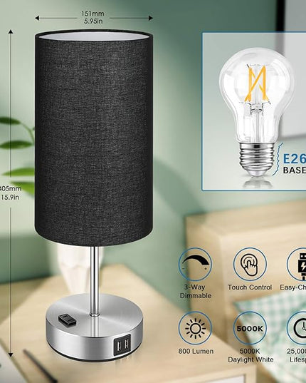 Black Touch Control Table Lamp Set of 2, with 2 USB Charging Ports&AC Outlet, 3-Way Dimmable Bedside Nightstand Lamps with Fabric Lampshade for Reading, Bedroom, Living Room, A19 LED Bulbs Included - LeafyLoom
