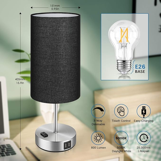 Black Touch Control Table Lamp Set of 2, with 2 USB Charging Ports&AC Outlet, 3-Way Dimmable Bedside Nightstand Lamps with Fabric Lampshade for Reading, Bedroom, Living Room, A19 LED Bulbs Included - LeafyLoom