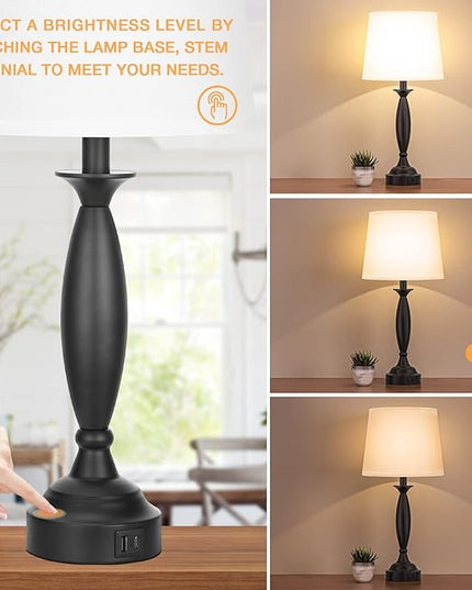 White Lamps for Bedrooms Set of 2 - Touch Control Bedside Lamp with USB C+A, 3 Way Dimmable Nightstand Lamps with USB Port, Table Lamp for Living Room(White Shade and Black Base) - LeafyLoom