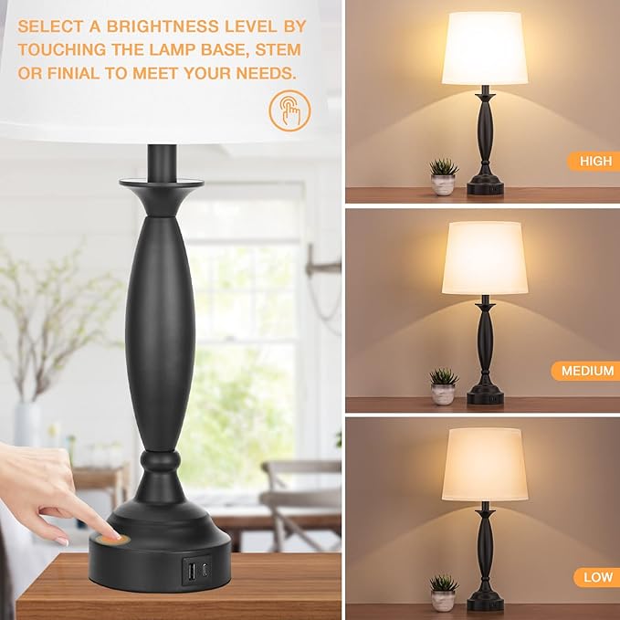 White Lamps for Bedrooms Set of 2 - Touch Control Bedside Lamp with USB C+A, 3 Way Dimmable Nightstand Lamps with USB Port, Table Lamp for Living Room(White Shade and Black Base) - LeafyLoom