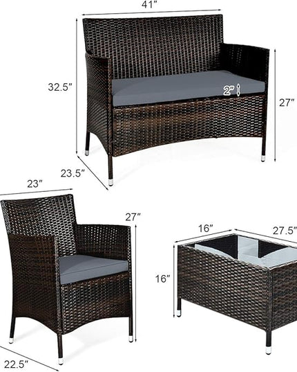 Goplus 4-Piece Rattan Patio Set, Outdoor/Indoor Wicker Conversation Set for Pool, Backyard, Lawn, Wicker Chairs and Sofa with Soft Cushion, Rattan Furniture with Tempered Glass Coffee Table - LeafyLoom