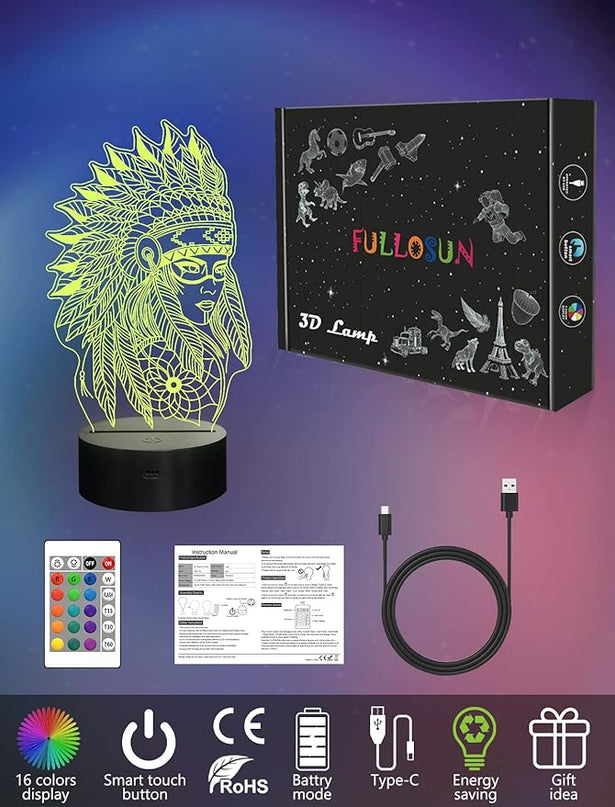 Native American Gifts, 3D Figure Night light Illusion Lamp for Home Decor and Room Decorations, Creative Birthday Xmas Holiday Gifts with 16 Colors Changing & Remote Control & Dimmable Function - LeafyLoom