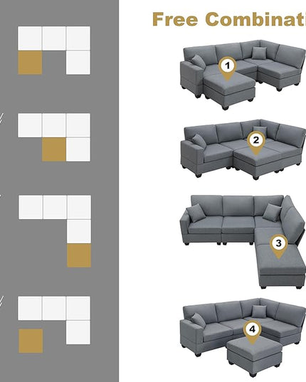 89.8" Modern Sectional Sofa with Convertible Ottoman and 2 Pillows,L-Shape Linen Fabric Corner Couch 5 Set W/Back & Cushion,can Hold up to 330 Lbs,for Apartment,Living Room,Dark Grey - LeafyLoom