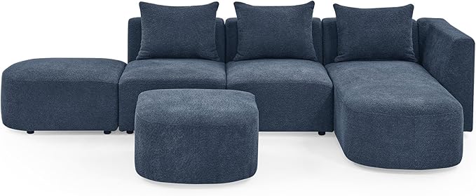 113" L-Shape Sectional Side Chaise and Ottoman, Modular Sofa, DIY Combination, Loop Yarn Fabric for Living Room, Apartment, 113inch, Blue Right - LeafyLoom