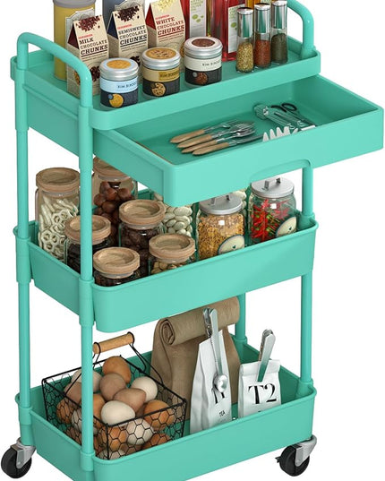 3-Tier Rolling Cart，Trolley with Drawer, Kitchen Storage Organizer with Plastic Shelf & Metal Wheels, Storage Cart for Living Room, Kitchen, Office, Bathroom, Green - LeafyLoom