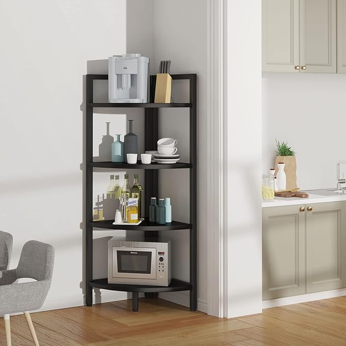 SAYGOER Corner Bookshelf 4 Tier Stand Corner Ladder Shelf Modern Storage Organizer Bookcase Industrial Display Rack Shelves for Small Space, Living Room,Home Kitchen,Office, Black - LeafyLoom