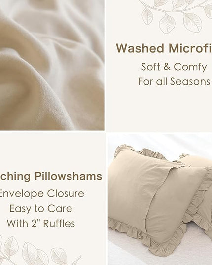 Ruffled Comforter Set Queen,3-Piece Farmhouse Shabby Boho Chic Bedding,Ultra Soft Fluffy Ruffle Bed Comforter Set (1 Wheat Comforter+2 Ruffle Pillow Shams) - LeafyLoom
