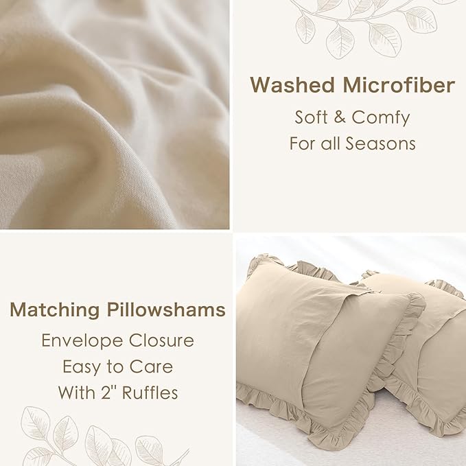 Farmhouse King Size Comforter Set,Shabby Boho Chic Bedding Ruffled King Bed Comforter Vintage Rustic French Country Bedding Sets 3 Pieces (1 Ruffle Comforter and 2 Pillowcases) - LeafyLoom
