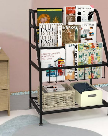 Kids Bookshelf Freestanding for Children Room 18 Inches Black Metal Bookcase Large Capacity Books Toys Organizer Stable 5 Tiers Kids Book Rack for Playroom Bookstore Library. - LeafyLoom