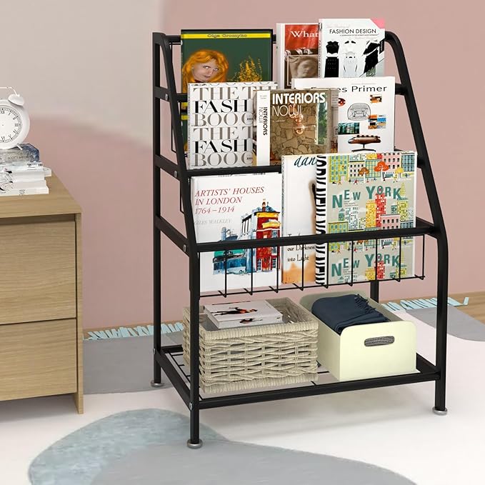 Kids Bookshelf Freestanding for Children Room 18 Inches Black Metal Bookcase Large Capacity Books Toys Organizer Stable 5 Tiers Kids Book Rack for Playroom Bookstore Library. - LeafyLoom