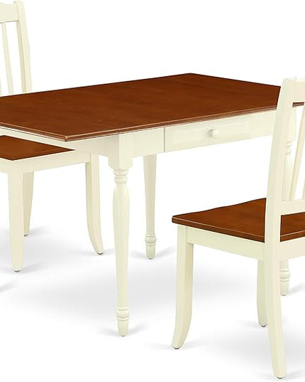 East West Furniture MZDA3-WHI-W Monza 3 Piece Set for Small Spaces Contains a Rectangle Dining Room Table with Dropleaf and 2 Wooden Seat Chairs, 36x54 Inch - LeafyLoom
