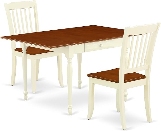 East West Furniture MZDA3-WHI-W Monza 3 Piece Set for Small Spaces Contains a Rectangle Dining Room Table with Dropleaf and 2 Wooden Seat Chairs, 36x54 Inch - LeafyLoom