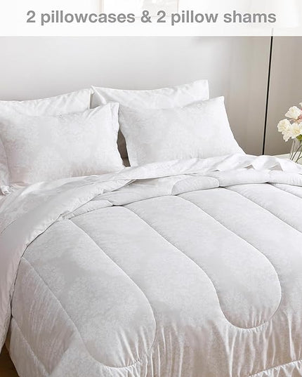 Printed King Bedding Sets with Comforter and Sheets, 7 Piece Bed in A Bag Comforter Set with Fluffy Microfiber, Light Gold Leaf Floral Pattern - LeafyLoom