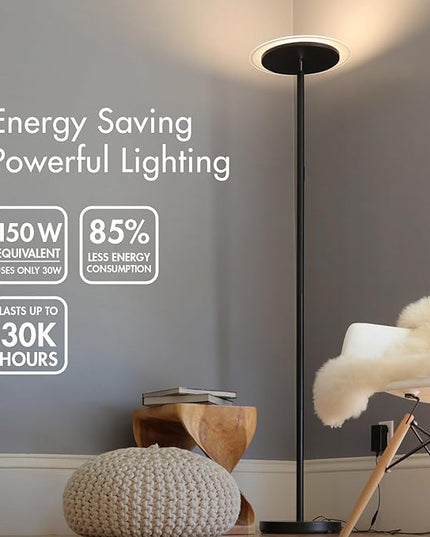 Tenergy Modern Torchiere Floor Lamp, 3000L LED, 30W, Remote Control, Touch Dimmer, 90° Adjustable, Warm White - LeafyLoom