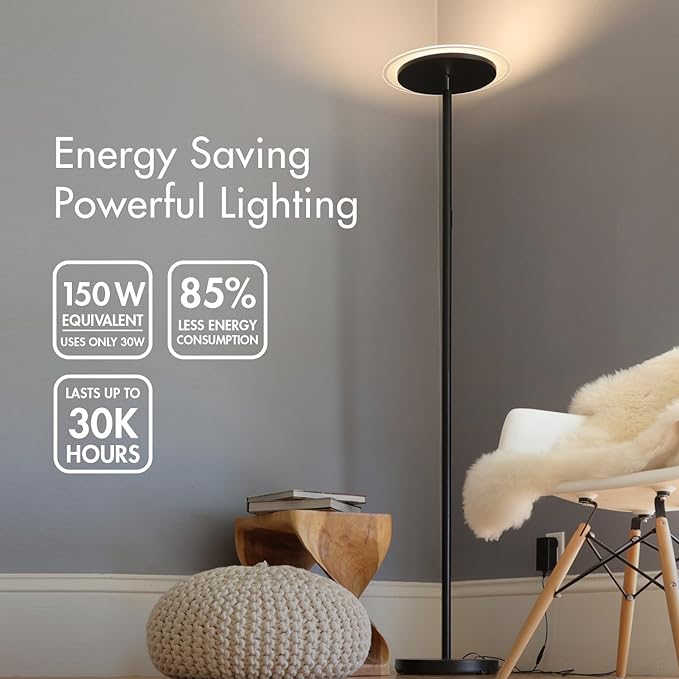 Tenergy Modern Torchiere Floor Lamp, 3000L LED, 30W, Remote Control, Touch Dimmer, 90° Adjustable, Warm White - LeafyLoom