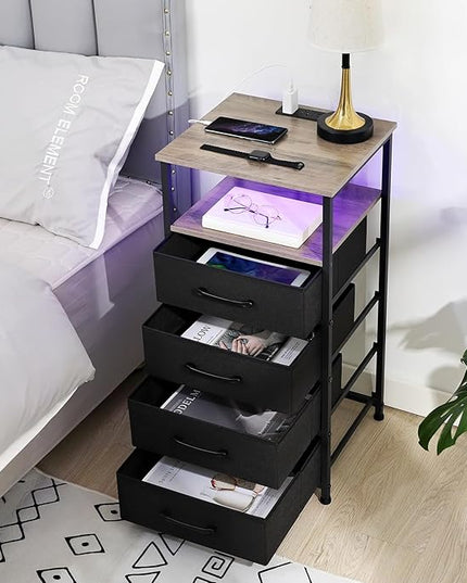 Nightstands Set of 2, Large End Tables Living Room, Bed Side Tables with Charging Station, 30" Tall Night Stand with 4 Fabric Drawers and LED Light Strip for Bedroom HNS014GY - LeafyLoom