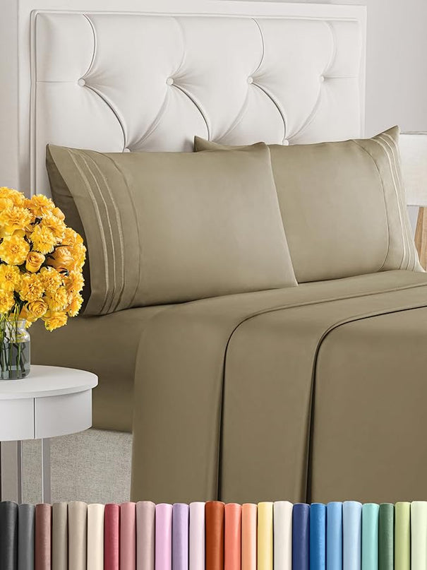 King Size 4 Piece Sheet Set - Comfy Breathable & Cooling Sheets - Hotel Luxury Bed Sheets for Women & Men - Deep Pockets, Easy-Fit, Extra Soft & Wrinkle Free Sheets - Khaki Oeko-Tex Bed Sheet Set - LeafyLoom