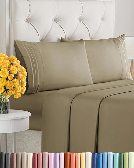 Cal King Size 4 Piece Sheet Set - Comfy Breathable & Cooling Sheets - Hotel Luxury Bed Sheets for Women & Men - Deep Pockets, Easy-Fit, Extra Soft & Wrinkle Free Sheets - Khaki Oeko-Tex Bed Sheet Set - LeafyLoom