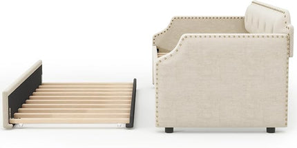 Twin Size Upholstered Daybed with Trundle, Wooden Day Sofa Bed Frame for Bedroom Living Guest Room, Wood Slat Support, Space Saving, Beige - LeafyLoom