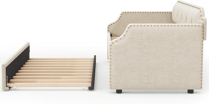 Twin Size Upholstered Daybed with Trundle, Wooden Day Sofa Bed Frame for Bedroom Living Guest Room, Wood Slat Support, Space Saving, Beige - LeafyLoom