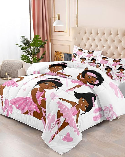 Pink African American Twin Comforter Set for Girls Kids Adults, Cute Twin Bedding Set for Girls Bedroom Decor Set 1 Comforter 2 Pillowcases, Cute Ballet Princess Dancer, Twin Size - LeafyLoom