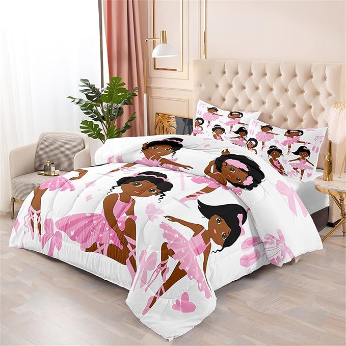 Cute Pink Dancer Bedding Set Full Size 3Pcs Lovely Black Girls Ballerina Patterns Twin Comforter Set for Girls Ultra Soft Princess Bed Decor Quilt Sets, 1 Comforter with 2 Pillowcases - LeafyLoom