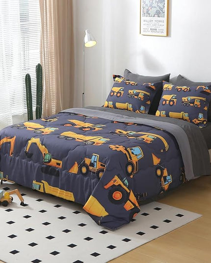Wajade 7 Piece Construction Truck Kids Comforter Set for Boys Twin Size 3D Vehicles Excavator Cars Bedding Set for Kids Teens(1 Comforter, 1 Flat Sheet, 1 Fitted Sheet, 2 Pillowcase and 2 Pillow Sham) - LeafyLoom