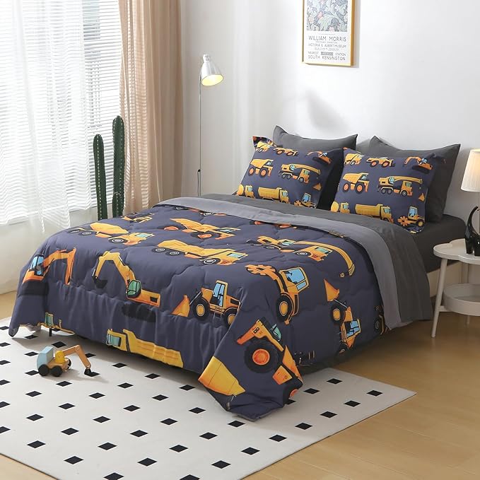 Wajade 7 Piece Construction Truck Kids Comforter Set for Boys Twin Size 3D Vehicles Excavator Cars Bedding Set for Kids Teens(1 Comforter, 1 Flat Sheet, 1 Fitted Sheet, 2 Pillowcase and 2 Pillow Sham) - LeafyLoom