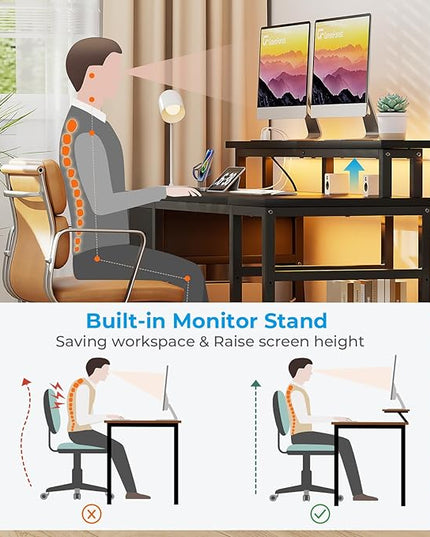 GreenForest Computer Desk with 2 Drawers and Power Outlets,50 Inch Office Desk with 2 Monitor Stands and Fabric File Cabinet, Reversible Gaming table with Led Lights and Shelves, Work Desk, Black - LeafyLoom