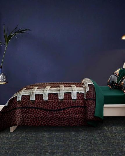Teen Boy Football Bedding Set Twin Size, 4 Pieces American Football Comforter Set Twin, Kids Sports Bedding Bed in a Bag Set, Green Brown - LeafyLoom
