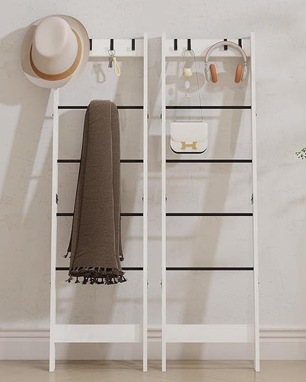 6 Tier Blanket Ladder Shelf for Living Room and Bedroom, Ladder Holder with 4 Metal Hooks, 5.2ft Blanket Quilt Holder Rack, Farmhouse Ladder Rack for Storage and Home Decor, White - LeafyLoom