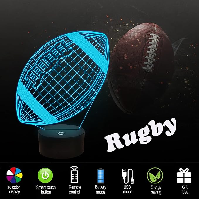 FULLOSUN Football 3D Night Light, American Football 3D Illusion Lamp for Kids with Remote 16 Colors Changing, Creative Birthday Rugby Gifts for Boy Girl Bedroom Decoration - LeafyLoom