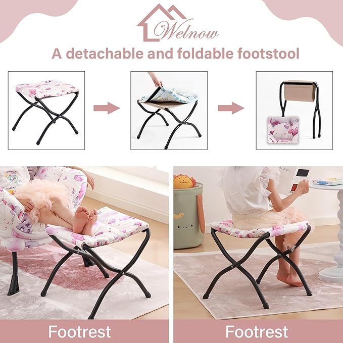 Welnow Toddler Kids Lazy Chair with Ottoman, Glow in The Dark Accent Comfy Lounge Children Armchair Couch with Removable Cover, Detachable Reading Chair with Footrest for Boy or Girl, Pink Elephant - LeafyLoom