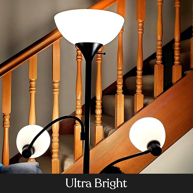 Brightech Sky Dome Double LED Floor lamp, Torchiere Super Bright Floor Lamp with 2 Reading Lamps for Living Rooms & Offices - Dimmable Tall Standing Lamp for Bedroom Reading - Tall Black Pole - LeafyLoom