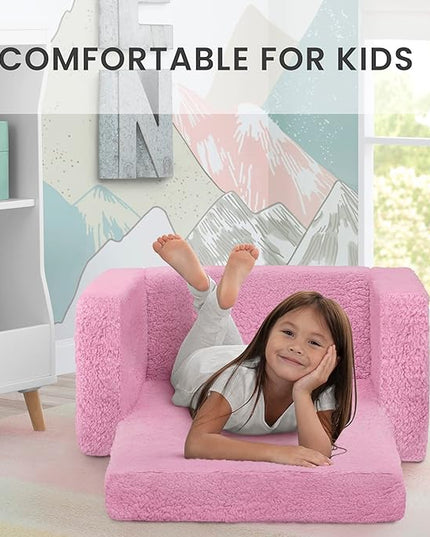 Delta Children Cozee Flip-Out Sherpa 2-in-1 Convertible Chair to Lounger for Kids, Pink - LeafyLoom