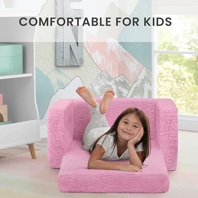 Delta Children Cozee Flip-Out Sherpa 2-in-1 Convertible Chair to Lounger for Kids, Pink - LeafyLoom