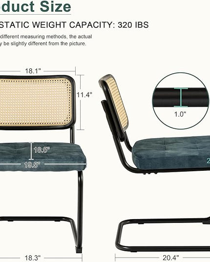 Mid Century Modern Dining Chairs Set of 2, Rattan Cantilever Kitchen Chairs, Dining Room Chairs Blue Upholstered, Solid Wood Cane Back, Black Stainless Chrome Base Heavy Duty - LeafyLoom