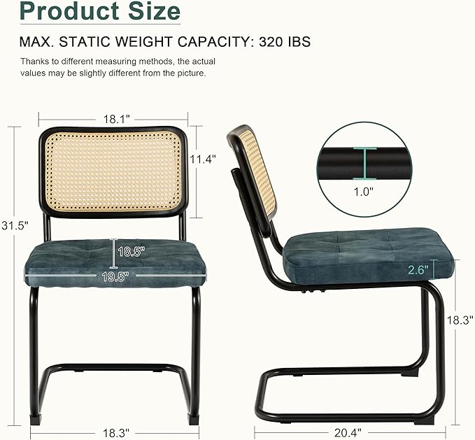 Mid Century Modern Dining Chairs Set of 2, Rattan Cantilever Kitchen Chairs, Dining Room Chairs Blue Upholstered, Solid Wood Cane Back, Black Stainless Chrome Base Heavy Duty - LeafyLoom