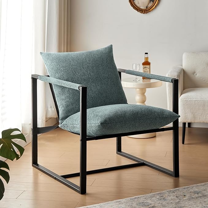 Wimarsbon Modern Accent Chair, Mid Century Sitting Chair with Sponge Cushion, Comfy and Sturdy Lounge Chair with Metal Leg for Bedroom, Living Room, Office,Easy Assembly (Linen - Aqua) - LeafyLoom