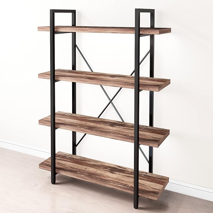 45MinST 4-Tier Vintage Industrial Style Bookcase/Metal and Wood Bookshelf Furniture for Collection,Vintage Brown, 3/4/5 Tier (4-Tier) - LeafyLoom
