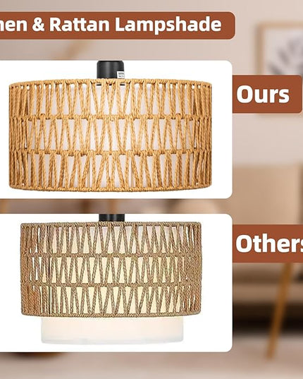 Rattan Floor Lamps for Living Room, Boho Standing Lamps with Rattan& Linen Double Shades, Arc Lamps Floor Standing with 9W Bulb, Foot Switch, Bohemian Floor Lamps for Bedroom, Office - LeafyLoom