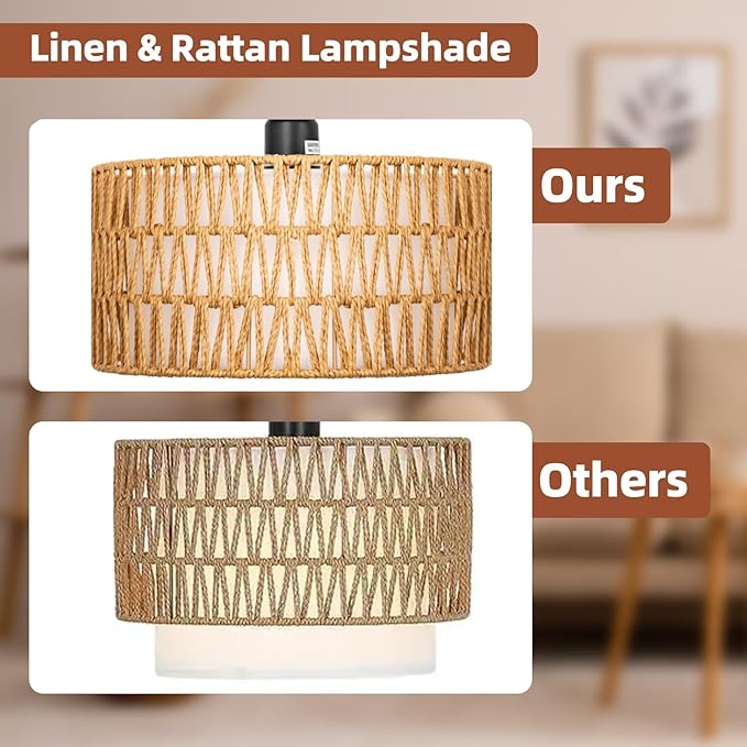 Rattan Floor Lamps for Living Room, Boho Standing Lamps with Rattan& Linen Double Shades, Arc Lamps Floor Standing with 9W Bulb, Foot Switch, Bohemian Floor Lamps for Bedroom, Office - LeafyLoom
