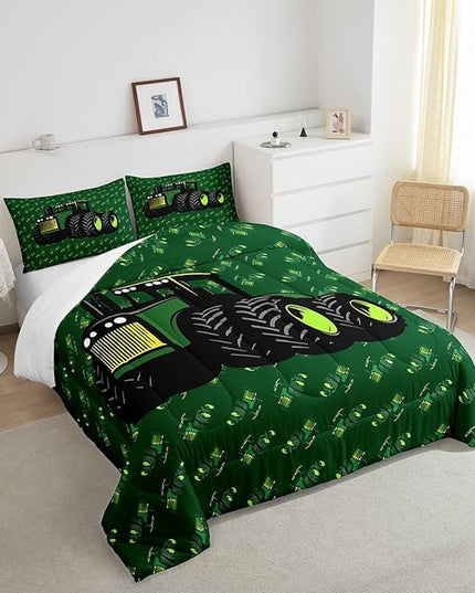 Erosebridal Boys Tractor Comforter Set Twin Size, Green Equipment Trucks Bedding Set, Construction Excavator Down Comforter, Cartoon Kids Car Room Decor Lightweight Soft Quilt Set, Farm Car Comforter - LeafyLoom