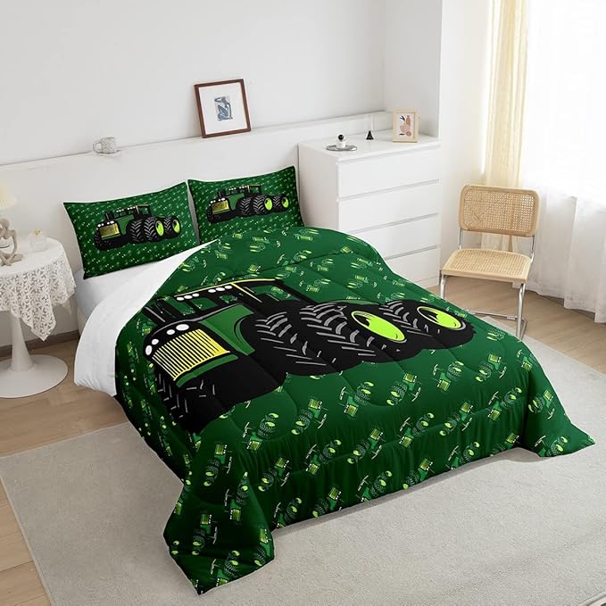 Erosebridal Boys Tractor Comforter Set Twin Size, Green Equipment Trucks Bedding Set, Construction Excavator Down Comforter, Cartoon Kids Car Room Decor Lightweight Soft Quilt Set, Farm Car Comforter - LeafyLoom