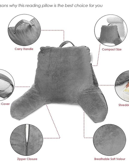 Nestl Reading Pillow with Portable Laptop Lap Desk, Velvet Feel Back Pillow for Sitting in Bed, Shredded Memory Foam Back Support Pillow for Bed, Bed Rest Pillow with Arms, Standard - Gray - LeafyLoom