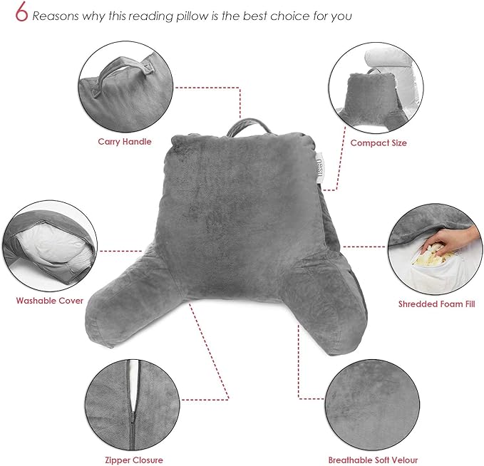 Nestl Reading Pillow with Portable Laptop Lap Desk, Velvet Feel Back Pillow for Sitting in Bed, Shredded Memory Foam Back Support Pillow for Bed, Bed Rest Pillow with Arms, Standard - Gray - LeafyLoom